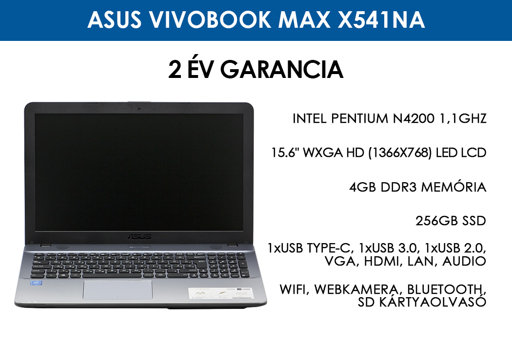 Asus Vivobook Max X541NA (ezüst) | Intel Pentium N4200 | 4GB RAM | 256GB SSD | WIFI | Bluetooth | Webkamera |  Win 10 | 2 év garancia!