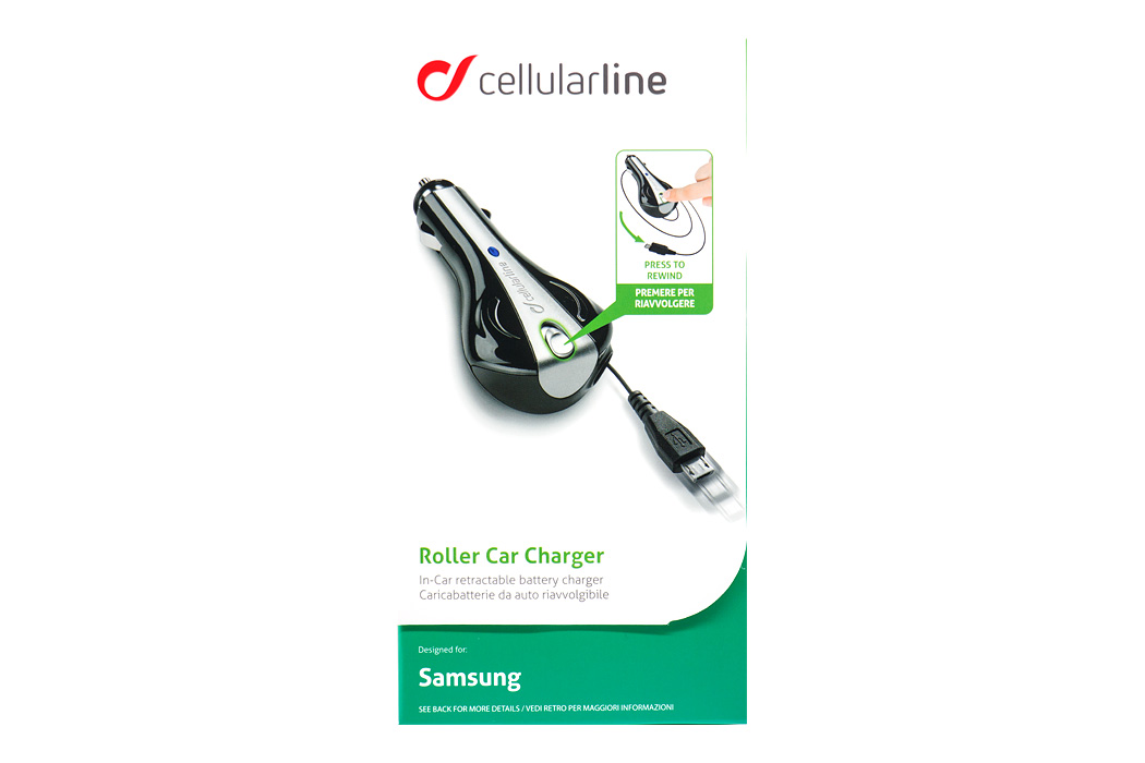 Cellularline visszacsévélhető microUSB autós tablet/telefon töltő (5W)