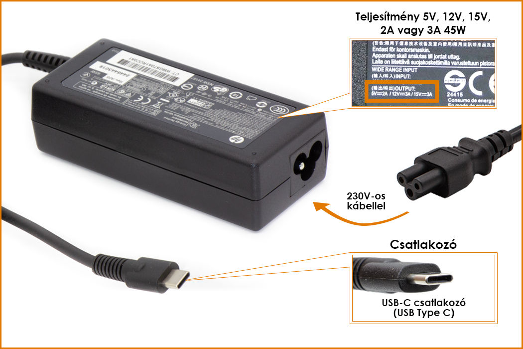HP 45W gyári új USB-C (Type-C) töltő, (815049-001)