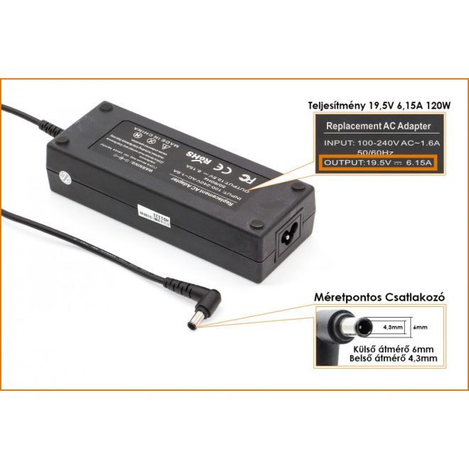 Sony 19.5V 6.15A 120W helyettesítő új töltő (ST-C-120-19500615CT)