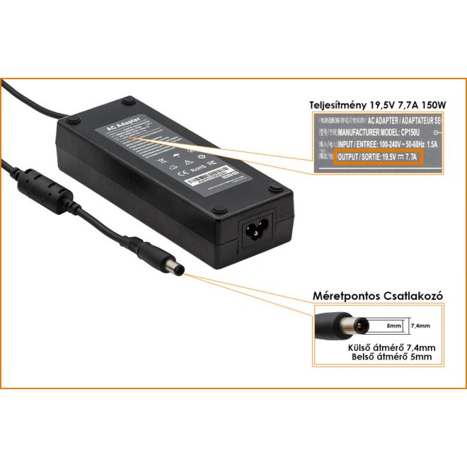 HP 19.5V 7.7A 150W középső tüskés helyettesítő új töltő, (693707-001, 02746-PA-15)