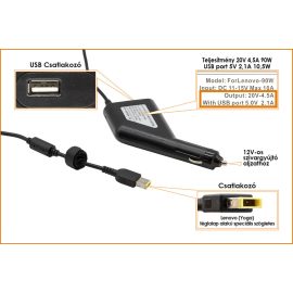   IBM Lenovo IdeaPad, Yoga 20V 4.5A 90W helyettesítő új autós és telefon (USB)  töltő sárga téglalap alakú csatlakozóval