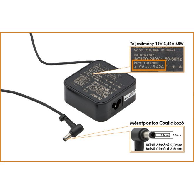 Asus K52 K52N 19V 3,42A 65W-os használt Laptop töltő