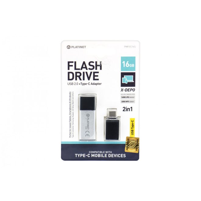 Platinet X-Depo 16GB ezüst-fekete pendrive USB Type-C adapterrel, PMFEC16S