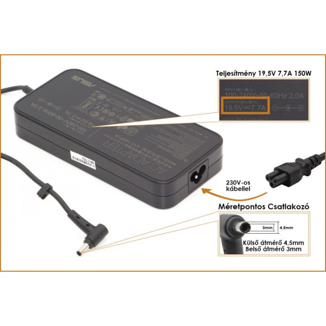 Asus 19,5V 7,7A 150W gyári új töltő (csatlakozó 4,5x3mm) (0A001-00080600)