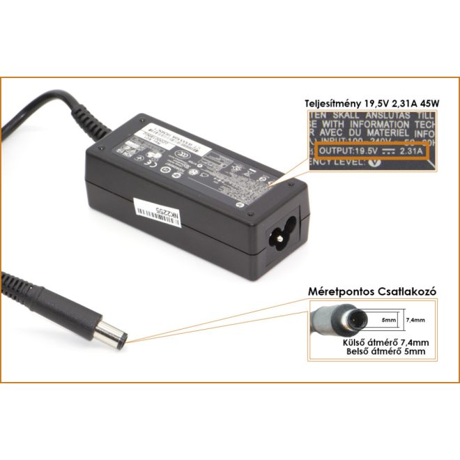 HP Compaq 19.5V 2.31A 45W center-pin, középső tüskés gyári új töltő (744481-003, 744893-001)
