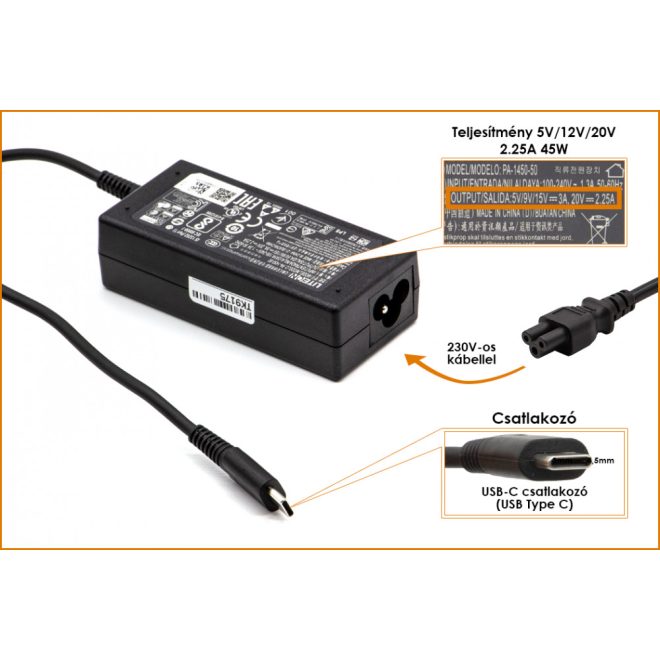 Acer 5V/9V/15V 3A, 20V 2.25A 45W USB-C (Type-C) gyári új töltő