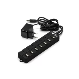   USB elosztó HUB 7db USB 2.0 porttal, tápegységgel, mindegyik USB külön kapcsolóval