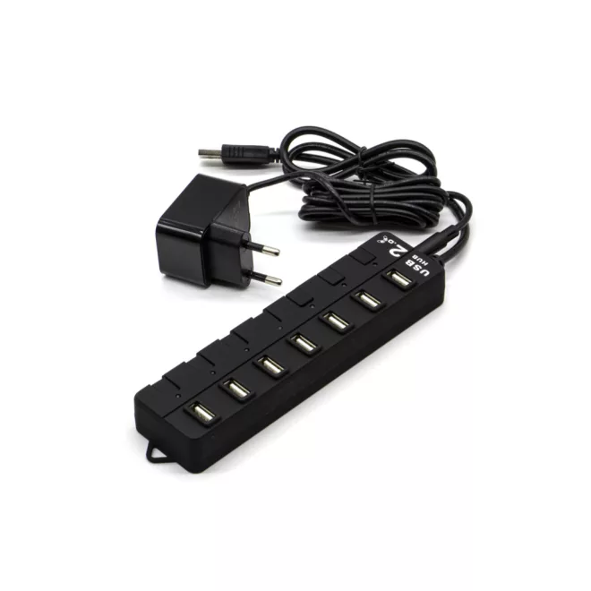 USB elosztó HUB 7db USB 2.0 porttal, tápegységgel, mindegyik USB külön kapcsolóval