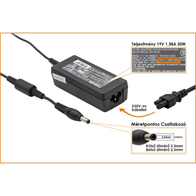 Toshiba Mini NB205 19V 1,58A 30W-os gyári új Laptop töltő