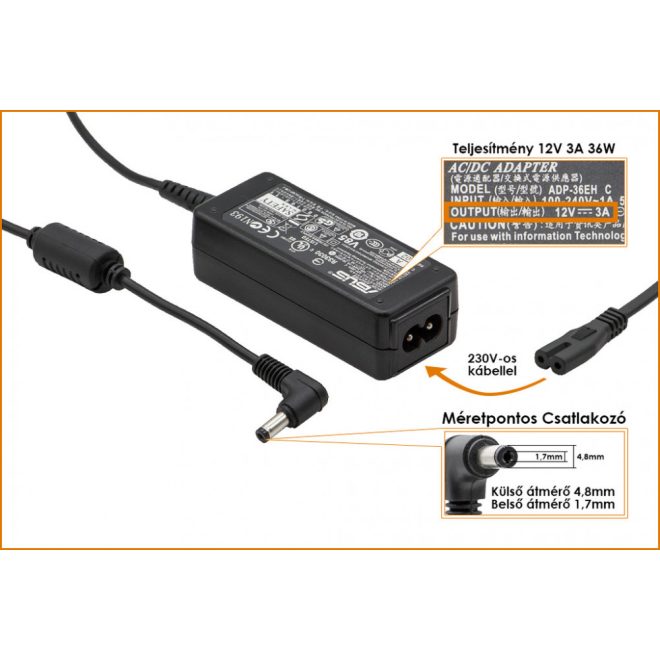 Asus EEEPC 900HA 12V 3A 36W-os gyári új laptop töltő