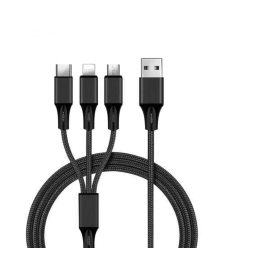   3 in 1 USB töltő és adat kábel 1m fekete, cipőfűző mintás Lightning, micro USB, USB-C