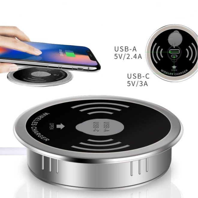 Beépíthető vezeték nélküli Telefon töltő USB és USB-C kimenettel + 15W Gyors Töltő Adapter