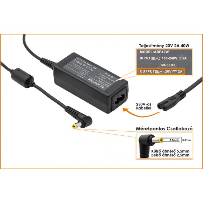 Medion Akoya Mini E1210 20V 2A 40W,-os új, gyárival megegyező minőségű helyettesítő laptop töltő