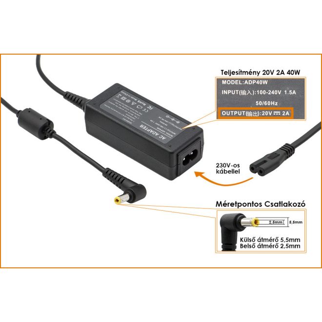 Fujitsu Amilo mini ui3540 20V 2A 40W-os új, gyárival megegyező minőségű helyettesítő Laptop töltő