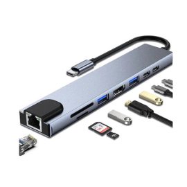   USB-C HUB 8 portos átalakító - HDMI, 2x USB-C, SD/microSD kártyaolvasó, vezetékes internet (LAN), 2x USB 3.0 - sokoldalú csatlakozás laptophoz és PC-hez