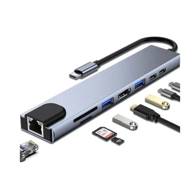 USB-C HUB 8 portos átalakító - HDMI, 2x USB-C, SD/microSD kártyaolvasó, vezetékes internet (LAN), 2x USB 3.0 - sokoldalú csatlakozás laptophoz és PC-hez