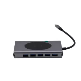   12 portos USB-C HUB, vezeték nélküli töltővel, HDMI, VGA, USB-C, SD/microSD kártya olvasó, 3,5mm audio csatlakozó RJ-45 (Internet), 5db USB 3.0 portokkal