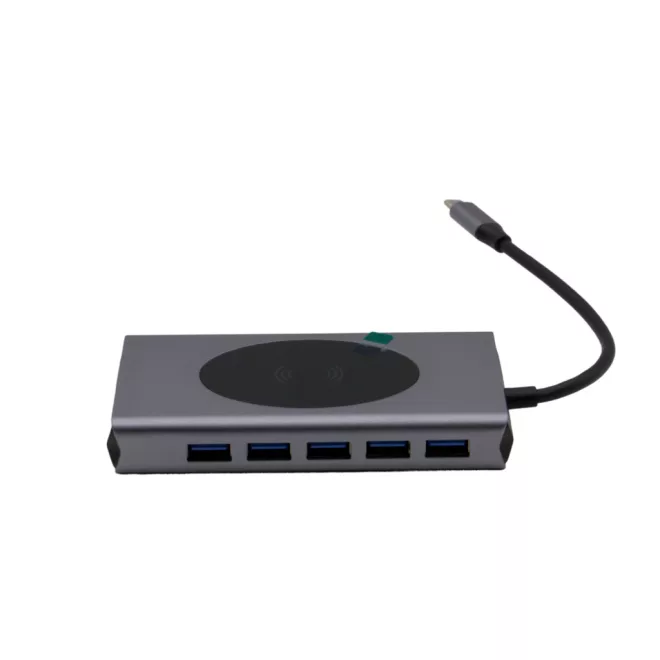 12 portos USB-C HUB, vezeték nélküli töltővel, HDMI, VGA, USB-C, SD/microSD kártya olvasó, 3,5mm audio csatlakozó RJ-45 (Internet), 5db USB 3.0 portokkal