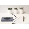 12 portos USB-C HUB, vezeték nélküli töltővel, HDMI, VGA, USB-C, SD/microSD kártya olvasó, 3,5mm audio csatlakozó RJ-45 (Internet), 5db USB 3.0 portokkal