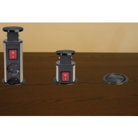   Rejtett, bútorlapba süllyeszthető tripla rejtett konnektor plusz dupla USB töltő, ezüst-fekete, 6cm átmérőjű