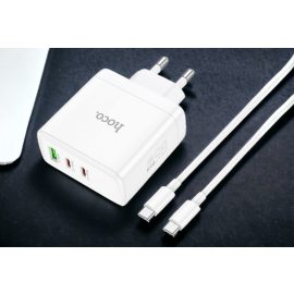   hoco. N30 Glory fali telefon és tablet gyorstöltő 65W, 1db USB és 2db USB-C kimenettel, USB-C/USB-C kábellel, fehér (N30)
