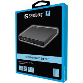   Sandberg Külső DVD +/- író/olvasó fekete, USB 2.0 + USB összekötő kábel (133-66) | 5 év garancia 
