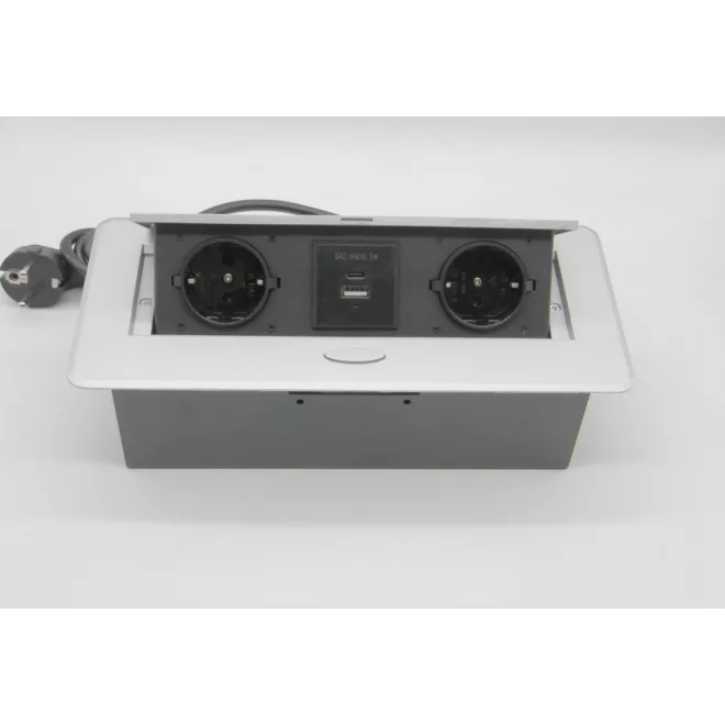 Asztallapba, bútorlapba, pultba süllyeszthető, beépíthető dupla billenő rejtett konnektor USB és USB-C csatlakozóval - 1,8 m-es kábellel