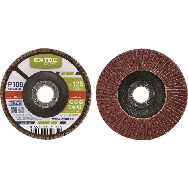 EXTOL® Craft Lamellás csiszoló korong | Flex korong | Acél, Alumínium, Műanyag és Fa munkadarabok csiszolására | 125x22mm | P40 | Kúpos (260024)