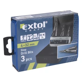   EXTOL® Craft lépcsős fémfúró készlet, 3db, (4-12mm/1mm lépcsőfok, 4-20mm/2mm, 4-32mm/2mm), 10mm befogás, max 4mm vastag anyagokhoz, spirállal (20092)