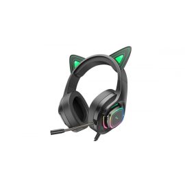   hoco. W107 Cute Cat fekete-zöld RGB világítós cicafüles vezetékes gamer headset, fejhallgató (W107)