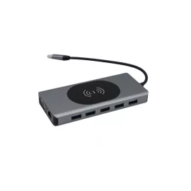   13 portos USB-C HUB, vezeték nélküli töltővel, 2xHDMI, VGA, USB-C, SD/microSD kártya olvasó, 3,5mm audio csatlakozó RJ-45 (Internet), 5db USB 3.0 portokkal