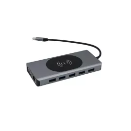   14 portos USB-C HUB, vezeték nélküli töltővel, 2xHDMI 4K, VGA, USB-C, SD/microSD kártya olvasó, 3,5mm audio csatlakozó RJ-45 (Internet), 5db USB 3.0 portokkal
