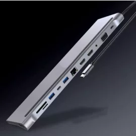   USB-C USB HUB 12 portos USB elosztó, dokkoló 2x USB-C, 2xHDMI, VGA, SD/microSD kártya olvasó, RJ-45 (Internet), 3,5mm audio, 3db USB 3.0 portokkal