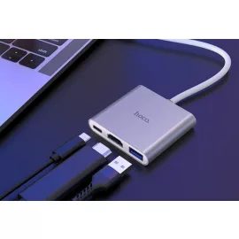   hoco. USB-C (Type-C) Multiport 3 portos Adapter, HDMI, USB 3.0, és USB-C kimenettel (HB14)