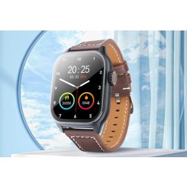   hoco. Y17 okosóra, 2,03 inch kijelző, hívás fogadás funkcióval, vízálló IP67, ezüst tok, barna szíj