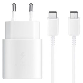   Samsung Galaxy-hoz 25W gyors Töltő + Kábel (USB-C to USB-C) S8, S9, S10, S20, S21, S22, S23, S24 fehér