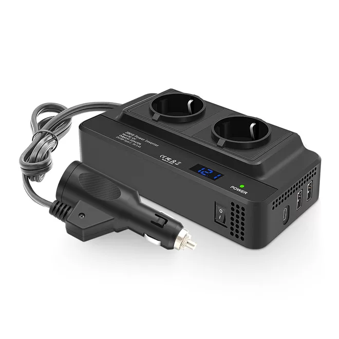 12V autós inverter 200W DC 12V átalakító AC 220V-ra, 2 hálózati csatlakozóval, 2db USB és 1db USB-C porttal, JFIND D0088 (D0088-2, 8300-2)