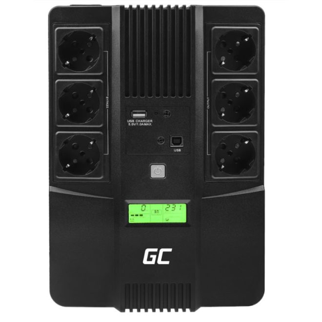 Green Cell AiO Szünetmentes Tápegység Akkumulátorral 600VA, 360W, LCD kijelző (6 Schuko, line-interaktív AVR, USB menedzsment, RJ45 vonalvédelem (UPS06)