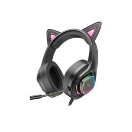   hoco. W107 Cute Cat fekete-pink RGB világítós cicafüles vezetékes gamer headset, fejhallgató (W107)