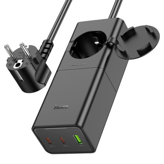 hoco. NS4 Sharp elosztó, 1 hálózati, 2 USB-C, 1 USB-A csatlakozóval, 65W GaN , fekete (NS4)