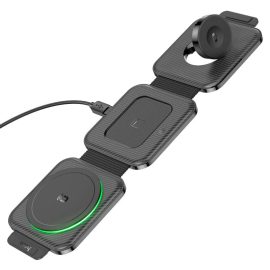   hoco. CQ4 Unique vezeték nélküli indukciós összecsukható 3-in-1 telefon, óra és fülhallgató töltő, 15W, fekete (CQ4)