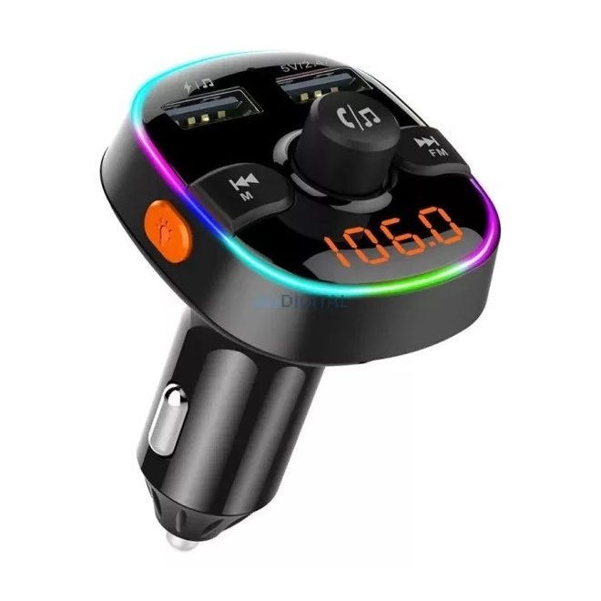 Szivargyújtós FM Transmitter Bluetooth 5.0, MP3, WMA USB és MicroSD kártya bemenettel, Dupla USB telefon gyors töltővel, Rainbow LED (BC52L)