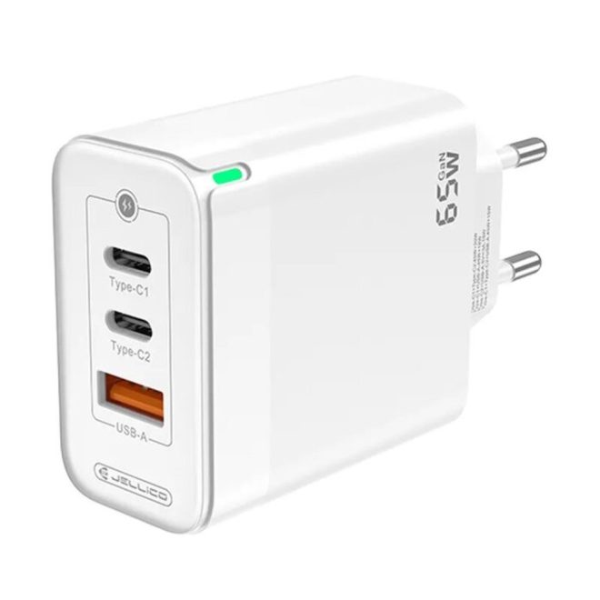 Univerzális 65W-os Telefon és Tablet Gyorstöltő 65W, 2db USB-C 1db USB kimenettel, fehér (Jellico)