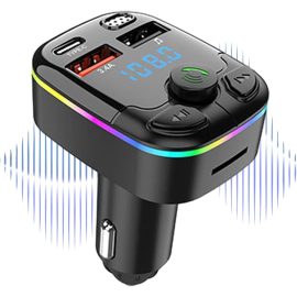   Szivargyújtós FM Transmitter Bluetooth 5.3+EDR, MP3 lejátszó 2xUSB 3.1 + USB-C autós töltő, telefon töltő, kihangosító, Rainbow LED