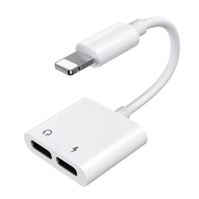 Lightning Elosztó, Splitter, 2x Lightning bemenettel, fejhallgatóhoz és töltőhöz is egyszerre, fehér (Joyroom S-Y104) 
