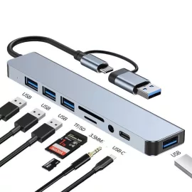   USB-C és USB 3.0 HUB 8 portos átalakító - 1x USB 3.0, 3x USB 2.0, SD/microSD kártyaolvasó, USB-C, 3.5mm audio csatlakozó - sokoldalú bővítés laptophoz és PC-hez