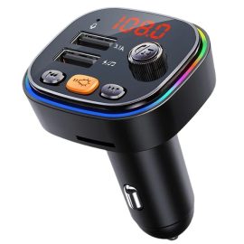   Szivargyújtós FM Transmitter Bluetooth 5.0, MP3 lejátszó 2xUSB autós töltő, telefon töltő, kihangosító, SD kártya foglalattal, Rainbow LED (C20)