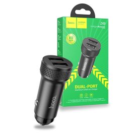   hoco. Z49 Dual USB, Autós Tablet és Telefon Szivargyújtós Gyorstöltő 2db USB Porttal, 12-24V Fekete