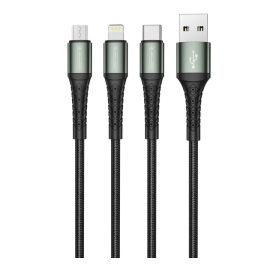   3in1 1,2m Telefon Extra Erős Töltő Kábel 3,1A Fekete, USB to USB-C MicroUSB Lightning, Cipőfűző Mintás (Jellico - B11)